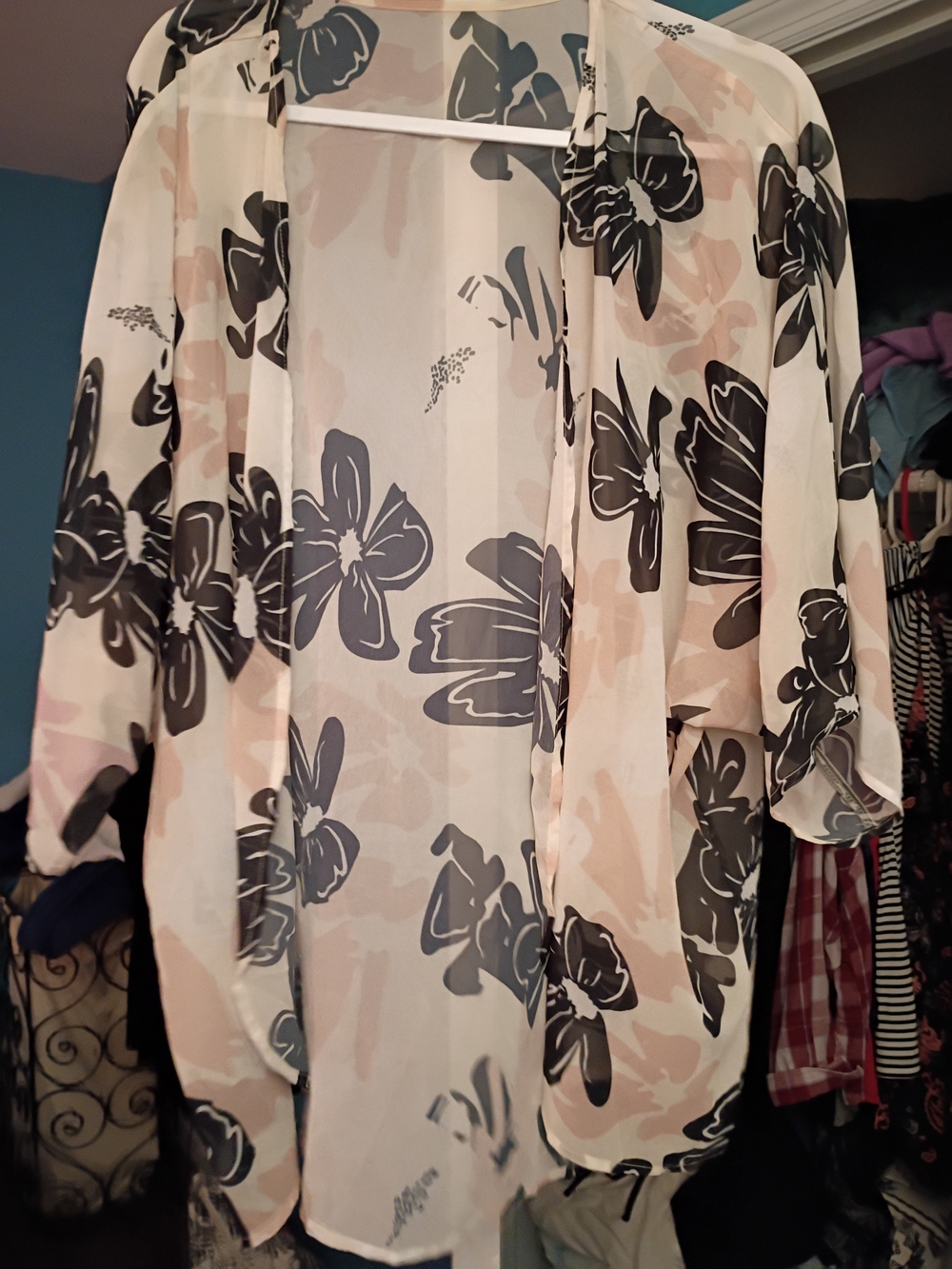 Sheer Floral Open-Front Kimono Cardigan in Cream and Black, Never Worn
